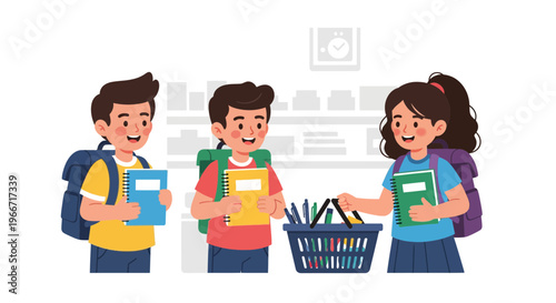 Children happily shopping for school books and stationery supplies together