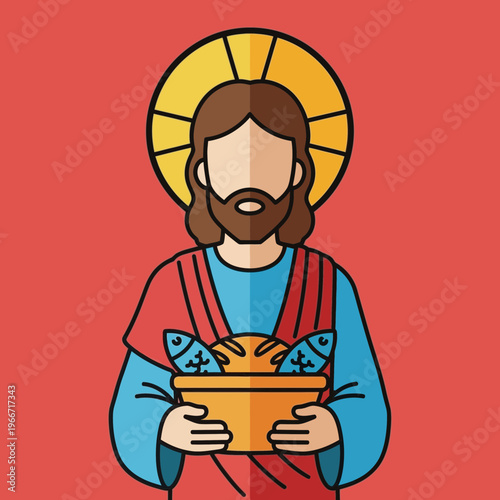 Flat design illustration of Jesus Christ with a halo, holding a basket with two fish and a loaf of bread, symbolizing the miracle of the loaves and fishes.