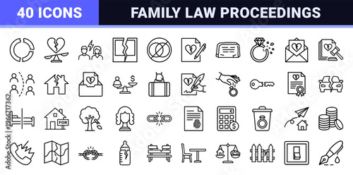 Divorce and Family Law Minimalist Monoline Icon Set featuring Geometric Line Art Symbols for Legal Separation and Marital Dissolution.