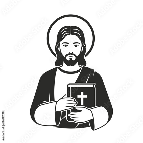 Black and white illustration of Jesus Christ holding a Bible with a halo, depicting a religious figure.
