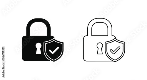 a black and white icon of a padlock with a shield and checkmark Vector