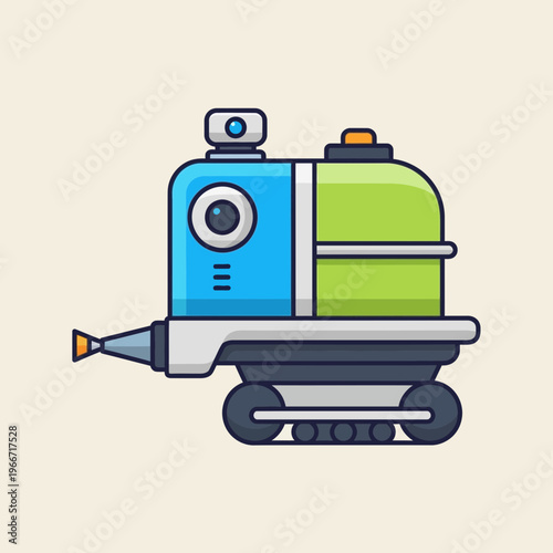 A cartoon illustration of a modern agricultural robot with tracks, a camera, and a sprayer nozzle, featuring blue and green sections.