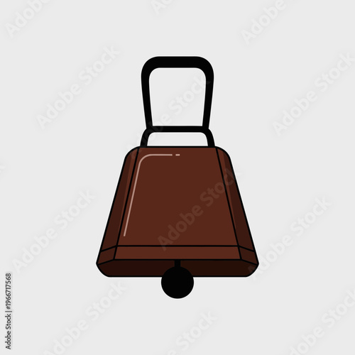 A simple, flat design illustration of a brown cowbell with a black handle and clapper on a light grey background.