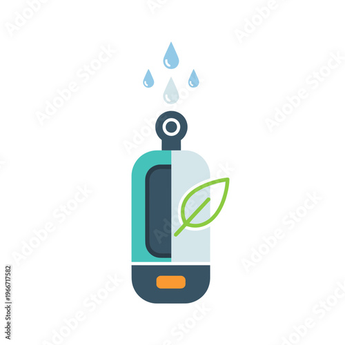 Illustration of a modern air purifier or humidifier with water droplets and a green leaf, symbolizing clean air and natural freshness.