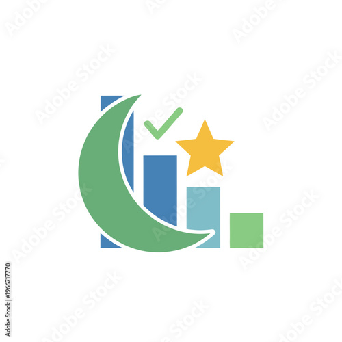 Abstract graphic depicting a crescent moon overlapping a bar graph with a green checkmark and a golden star, representing nocturnal analysis, progress, and achievement.