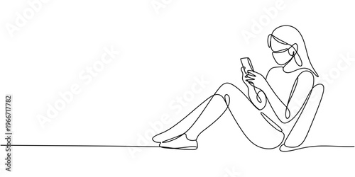Single one line drawing  young girls sitting and looking at their smartphone screen. Hangouts With Friends concept. Continuous line draw design graphic vector illustration.