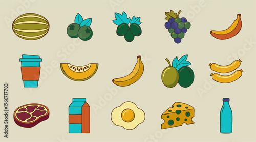 Stylized collection of various food and drink icons on a light background