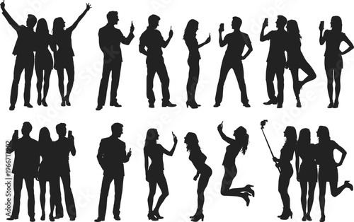 Silhouettes of diverse individuals posing with smartphones, taking selfies, interacting, and communicating, symbolizing modern technology, digital lifestyle, connectivity, and contemporary social 