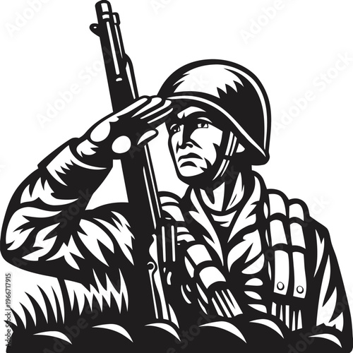 Dedicated Soldier Saluting with Rifle in Grassy Field Representing Military Valor and Duty