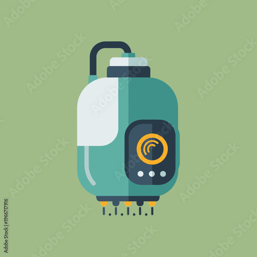 Flat design illustration of a modern teal and white water heater appliance with a control panel and multiple outlets.