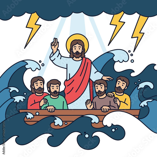 Jesus Christ calming the storm on the sea with his disciples in a boat, a biblical miracle illustration.