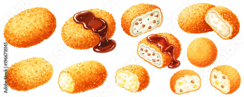 コロッケの水彩風イラストセット,ポテト・クリーム・メンチ,断面・ソース・揚げたて素材集