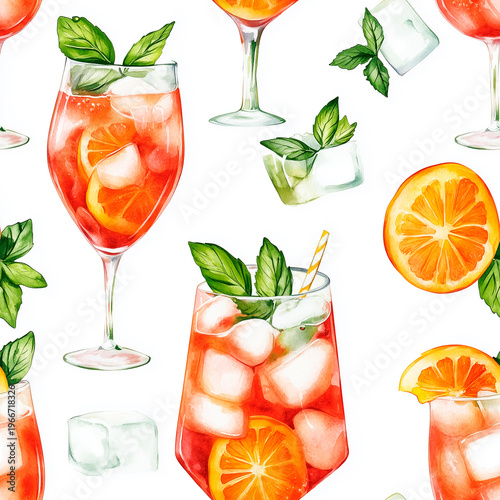 Seamless watercolor pattern with summer cocktails, mojito and aperol.