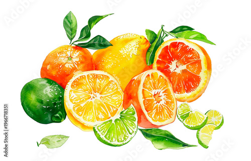 Watercolor Citrus Composition with Lemon, Orange, Lime and Mandarin Isolated on White Background