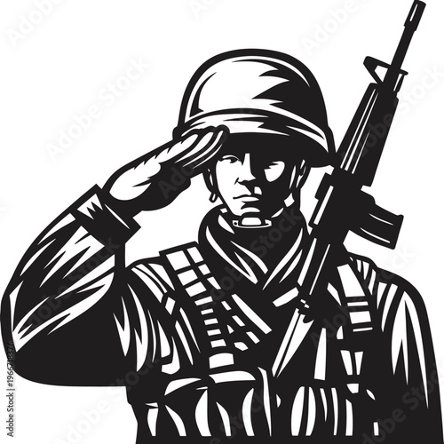 Determined military soldier saluting with a rifle honoring brave veterans and national heroes illustration