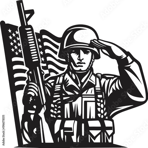 Patriotic American soldier saluting bravely with an M16 rifle and waving USA flag graphic illustration