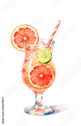 Watercolor Paloma cocktail illustration isolated on white background.
