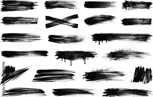 Black brush strokes vector illustration, abstract grunge texture on white background. Artistic design element, paint smear, ink splatter, creative graphic element. 