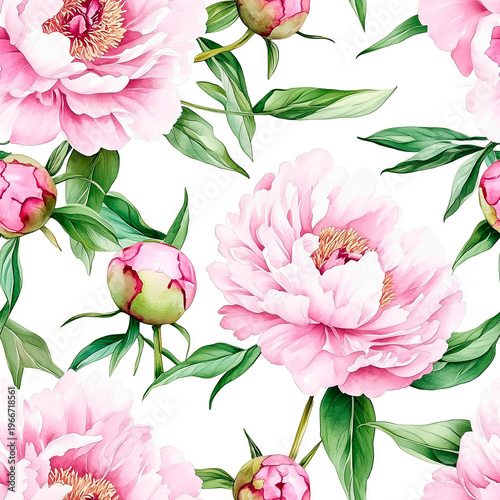 Seamless watercolor pattern with pink peonies and flower buds.