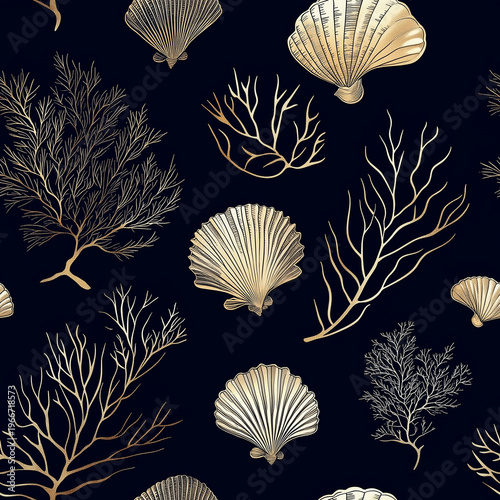 Seamless luxury line art pattern with golden seashells and sea corals.