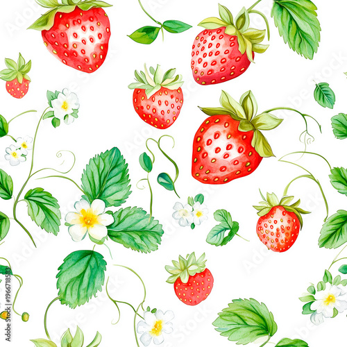 Seamless watercolor pattern with ripe strawberries, white flowers and mint leaves.