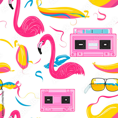 Seamless retro 80s beach pattern with cassette players, sunglasses and flamingo floats.