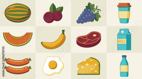 Variety of food and drink illustrations in flat design style