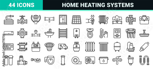Heating and Plumbing Infrastructure Icon Set featuring Minimalist Monoline Symbols for HVAC Maintenance and Residential Pipe Systems.