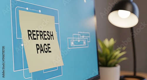 Refresh Page Note on Computer Screen with Desk Lamp and Plant