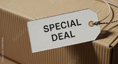 Special Deal tag attached to a brown corrugated box for e-commerce and retail promotion