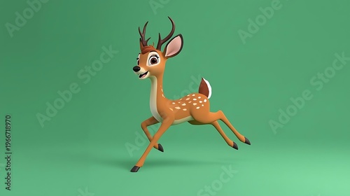 Cute 3d animated young deer with antlers running and jumping on a solid green background