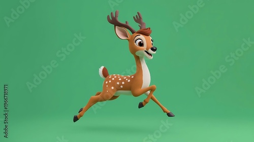 Cute 3d cartoon deer fawn with small antlers leaping joyfully against a solid green background