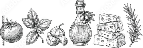 Vintage woodcut style collection of culinary ingredients and kitchen tools featuring tomatoes basil oil and a preserve jar
