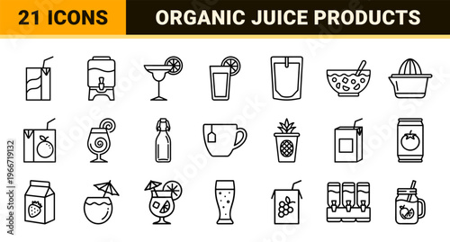 Beverage and Fresh Juice Packaging Minimalist Monoline Icon Set Featuring Geometric Line Art for Commercial Liquid Product Design