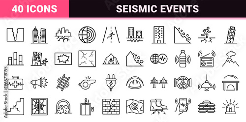 Seismic Activity and Earthquake Disaster Preparedness Minimalist Monoline Geometric Line Art Symbols for Commercial Digital Interfaces.