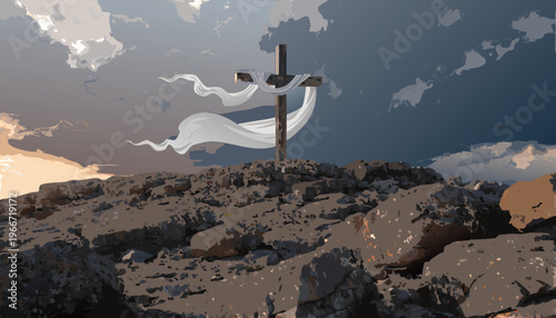 "A professional, high-resolution cinematic shot of a wooden Christian cross draped with a long, flowing white cloth, symbolizing the resurrection of Jesus Christ. The scene is set against a dramatic s