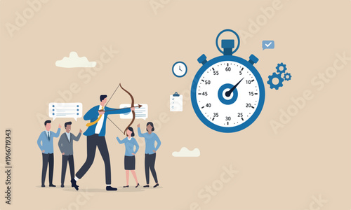 Time,meeting project, smart businessman holding bow after shot at bullseye target on stopwatch