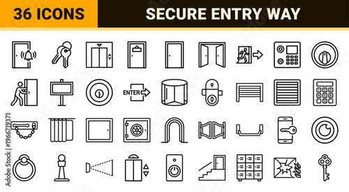 Building Access Control and Door Navigation Minimalist Geometric Line Art Set for Architectural Wayfinding and Security UI Design.