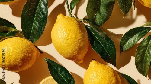 fresh ripe lemons with leaves, flat lay photography on clean minimal background, bright and natural composition