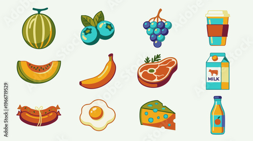 Diverse collection of food and drink illustrations in minimalist flat design