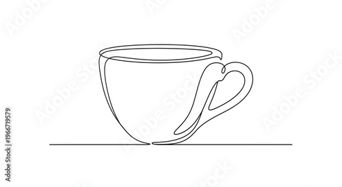 Minimalist single line drawing of a coffee cup with handle on a white background.
