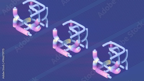 Abstract isometric 3D animation. Pastel tube nodes smoothly transform against a striped blue background. Seamless loop in a minimalist style for tech and creative design