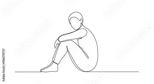Minimalist single line drawing of a person sitting alone, contemplating, introspective mood