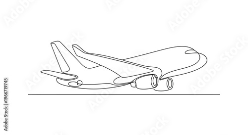 Continuous line drawing of a modern airplane taking off, minimalist art style