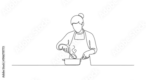 Woman cooking in kitchen, single line drawing, minimalist, healthy food preparation