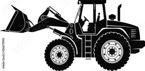Black silhouette wheel loader tractor with front bucket heavy construction equipment vehicle isolated on white background industrial machinery for building excavation engineering work