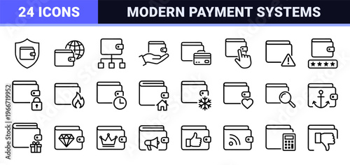 Minimalist Monoline Digital Wallet and Finance Icon Set featuring Geometric Line Art for Fintech Mobile Apps and E-Commerce Interfaces.