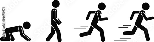 Black stick figure silhouettes showing progression of movement from crawling to walking, running, and sprinting, symbolizing growth, development, speed, 