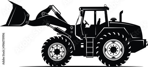 Black silhouette wheel loader tractor with front bucket heavy construction machinery isolated on white background industrial vehicle for excavation engineering farming and building work