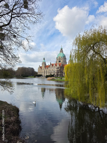 Peaceful urban green space with reflective water and elegant bird Maschpark Hanover
